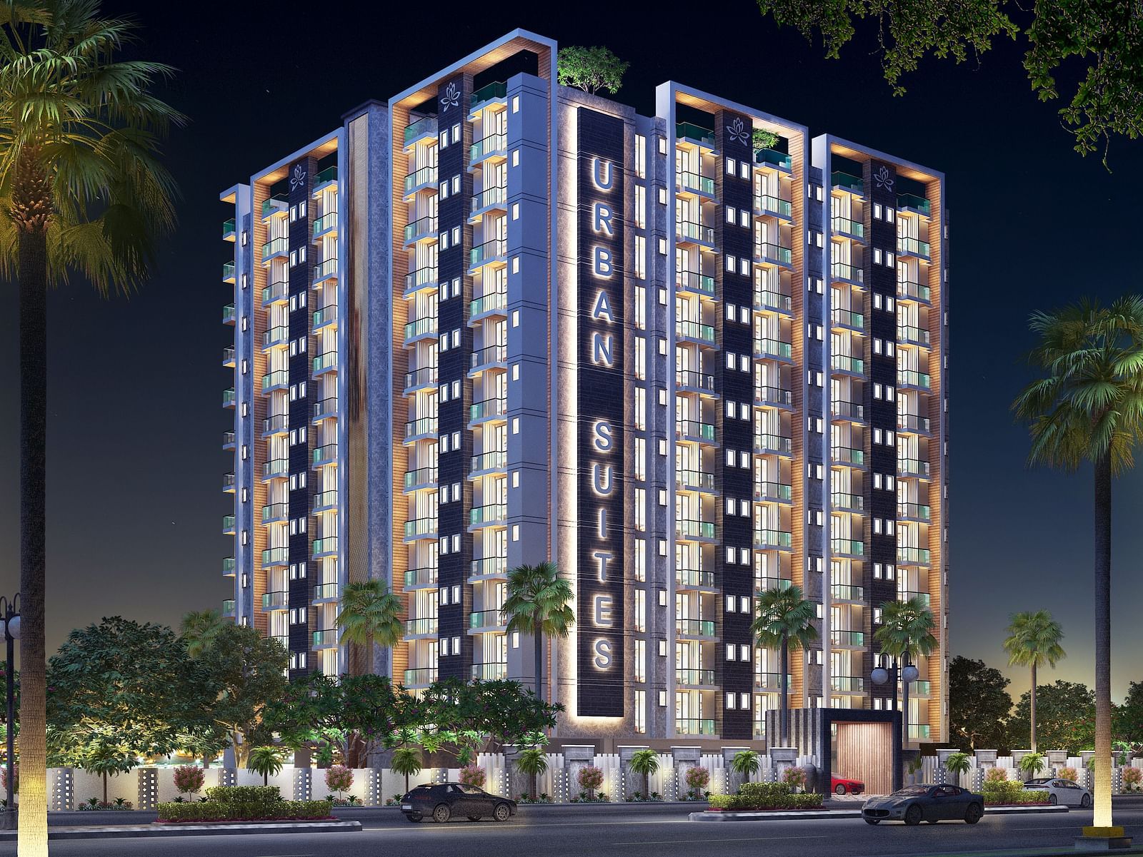 Facade view of Urban Suites by BluSalzz, Jaipur against the night sky, with the building glowing beautifully in the evening light.