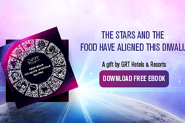 Poster with the tagline 'The Stars and the Food Have Aligned This Diwali,' offering a free ebook to download form GRT Hotels.