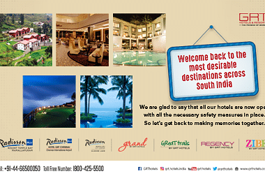 Promotional poster welcoming guests back to GRT Hotels across south India with scenic imagery.