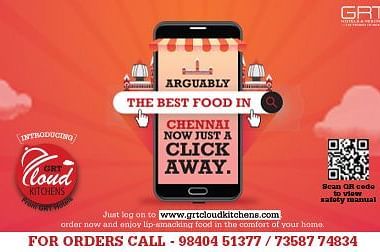 Advertisement introducing GRT Hotels cloud kitchen food delivery with a QR code for safety manual.