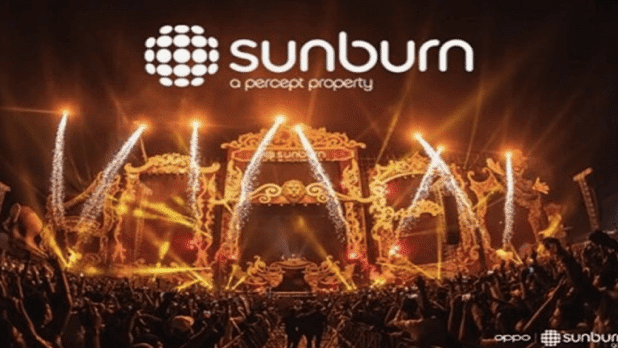 The stage with fire crackers flying high and titled, Sunburn