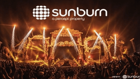 The stage with fire crackers flying high and titled, Sunburn