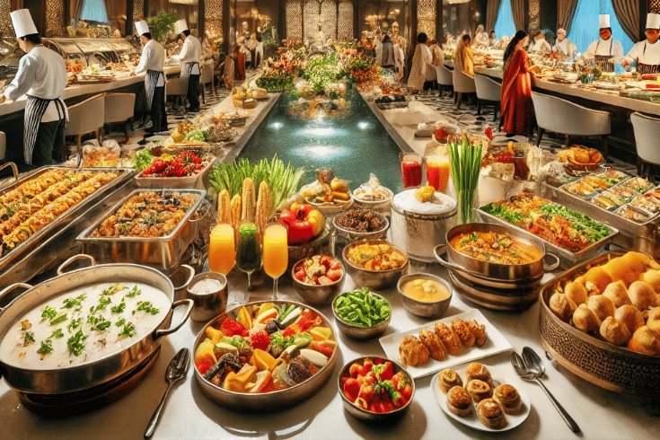 A lavish buffet spread with diverse dishes is presented in a grand dining hall with chefs and elegantly dressed diners in the background. - Corporate Events in Coimbatore