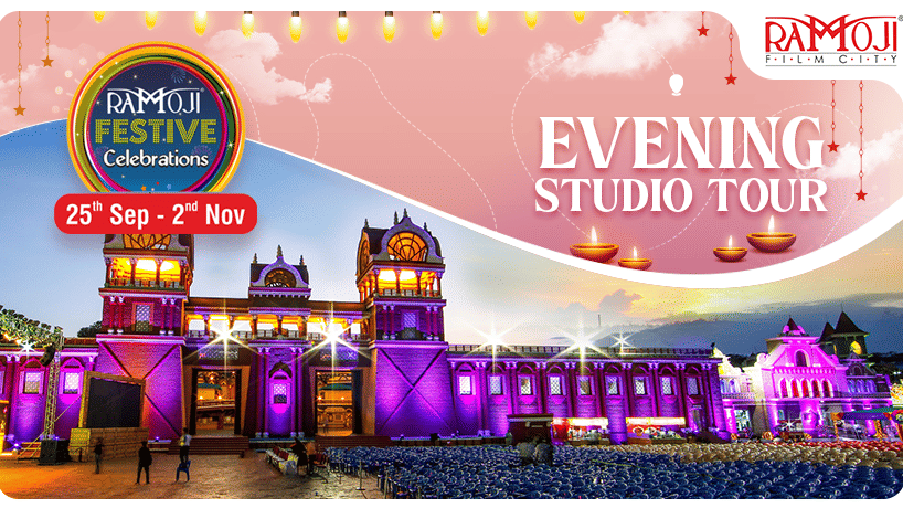 Ramoji Festive Celebrations banner showcasing Evening Studio Tour with illuminated palace backdrop, valid from 1st Sep to 7th Feb.