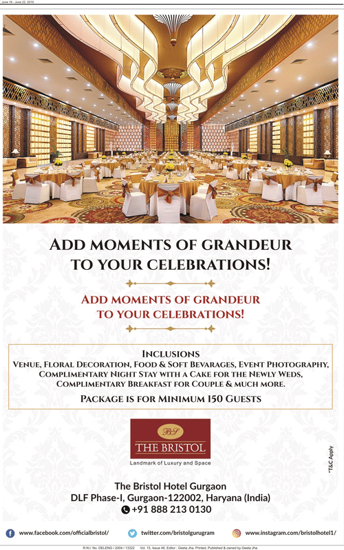 Print advertisement for The Bristol Hotel, Gurgaon showing a banquet hall set for a wedding with round tables, gold chair sashes, and a patterned ceiling.