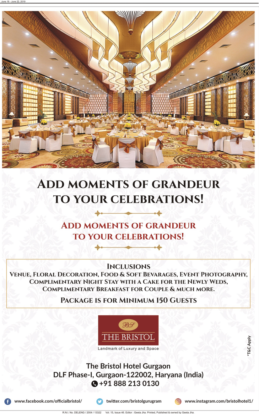 Print advertisement for The Bristol Hotel, Gurgaon showing a banquet hall set for a wedding with round tables, gold chair sashes, and a patterned ceiling.