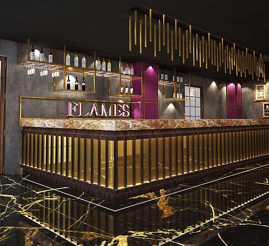 A Luxurious bar interior with a black and gold theme  - TGI Grand Fortuna, Hosur