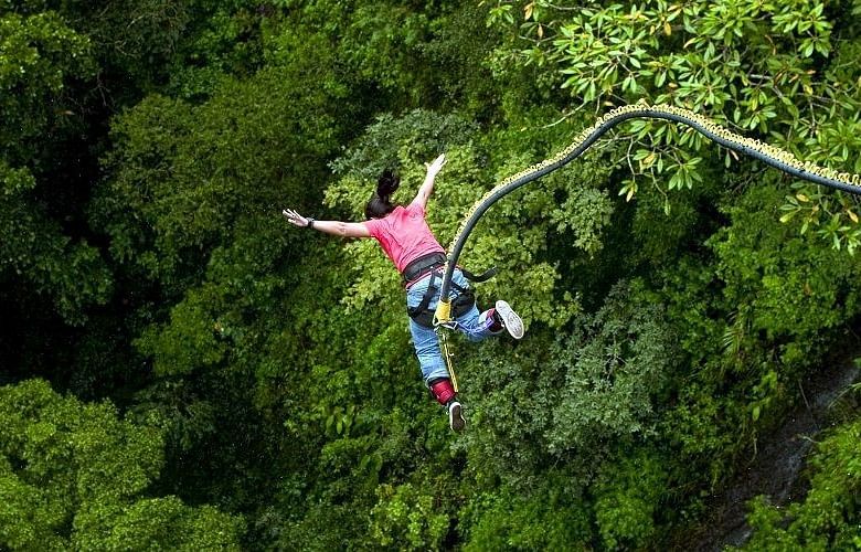 Image of a Person bungee jumping, with aerial view of forest