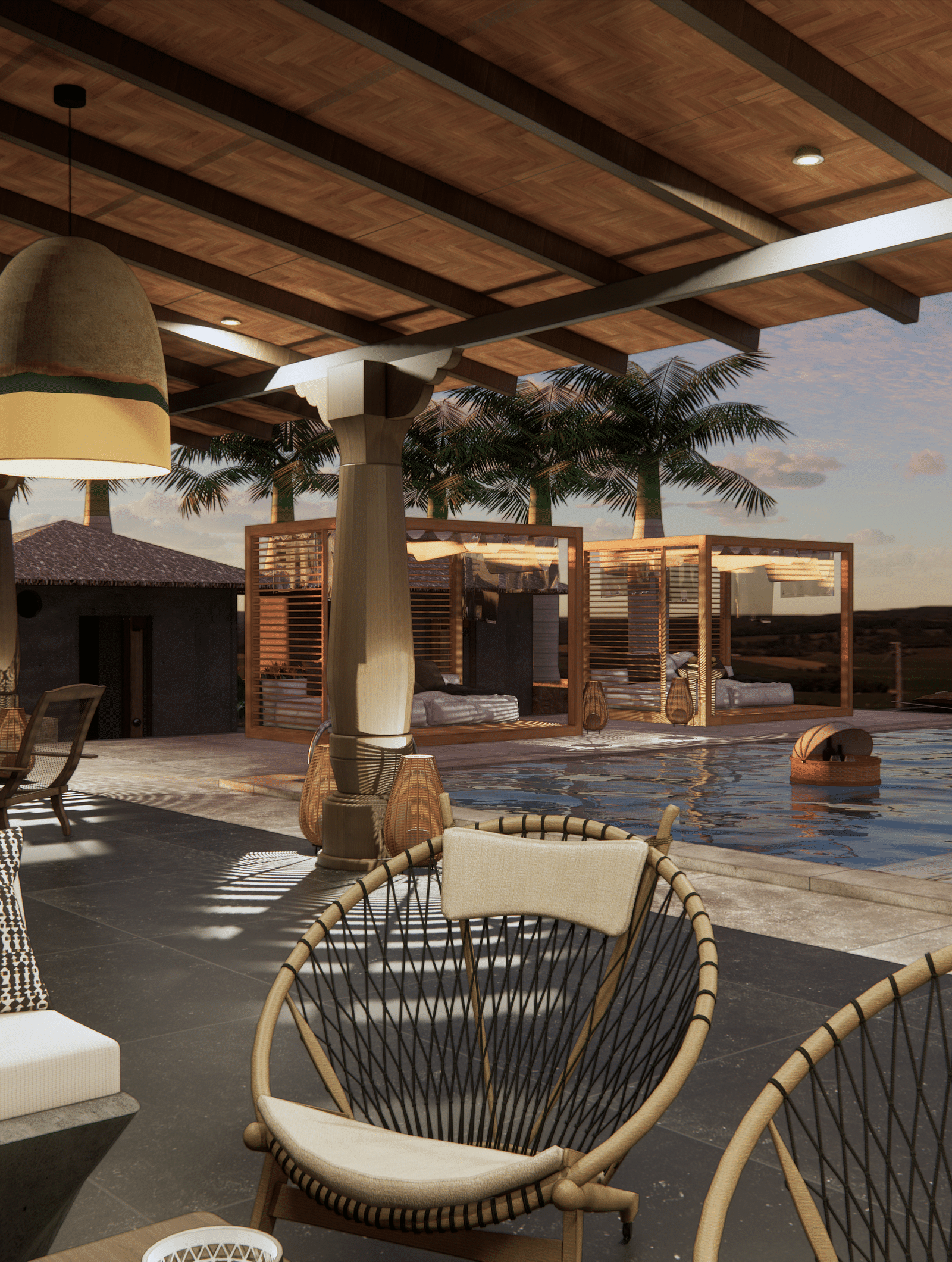 A patio with seating, hanging lights, and a view of a pool and cabanas - Rhino and River BluSalzz Collection, Pobitora