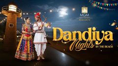 Promotional creative for Dandiya Nights with vibrant decorations and festive lights.
