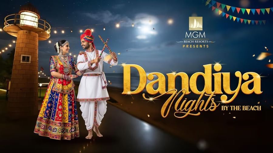 Promotional creative for Dandiya Nights with vibrant decorations and festive lights.