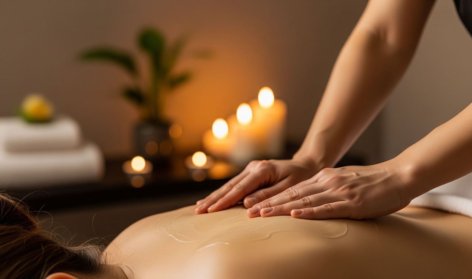 Person receiving a back massage with candles in the background.