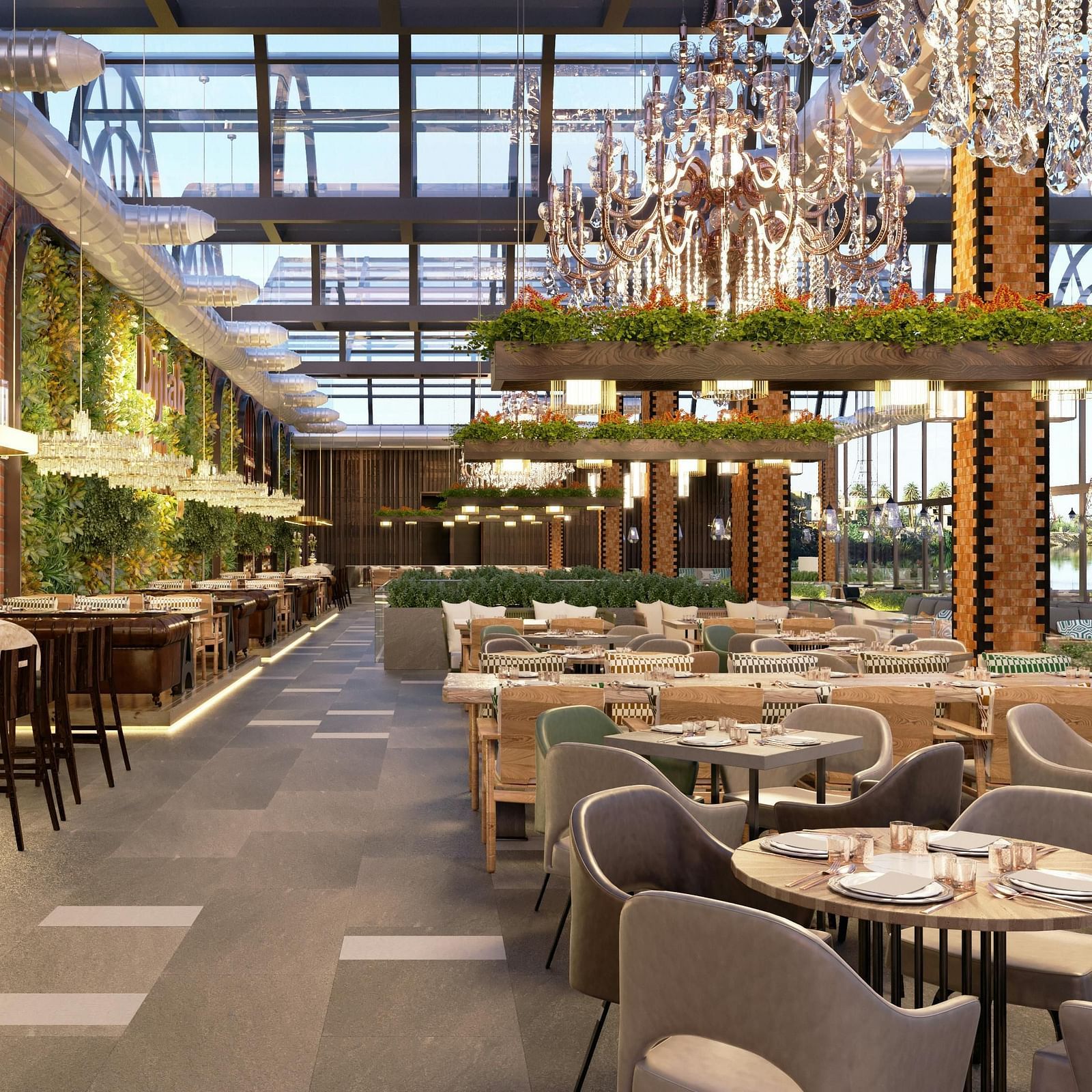 A restaurant showcasing seating arrangements with floral decoration and expansive windows
