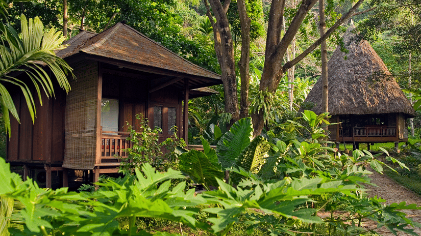 Facade of cottages in Andaman at Barefoot at Havelock enveloped in lush greenery.