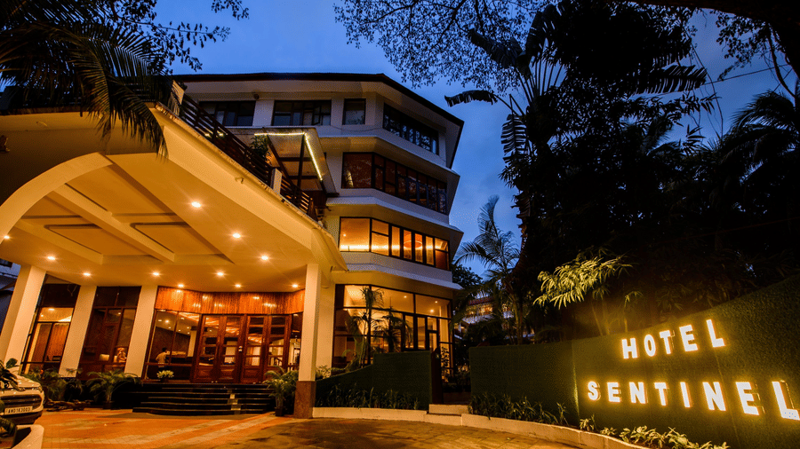 Silver Sand Sentinel hotel in Port Blair, India, featuring an illuminated entrance sign at dusk.