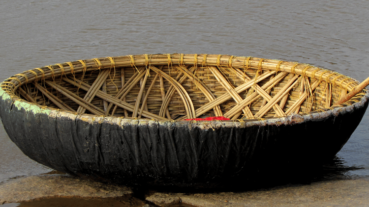 A close up of a Coracle boat with an oar kept inside it, floating on a waterbody near a step. These coracle rides provide opportunities to visit the many places to see in Kabini.