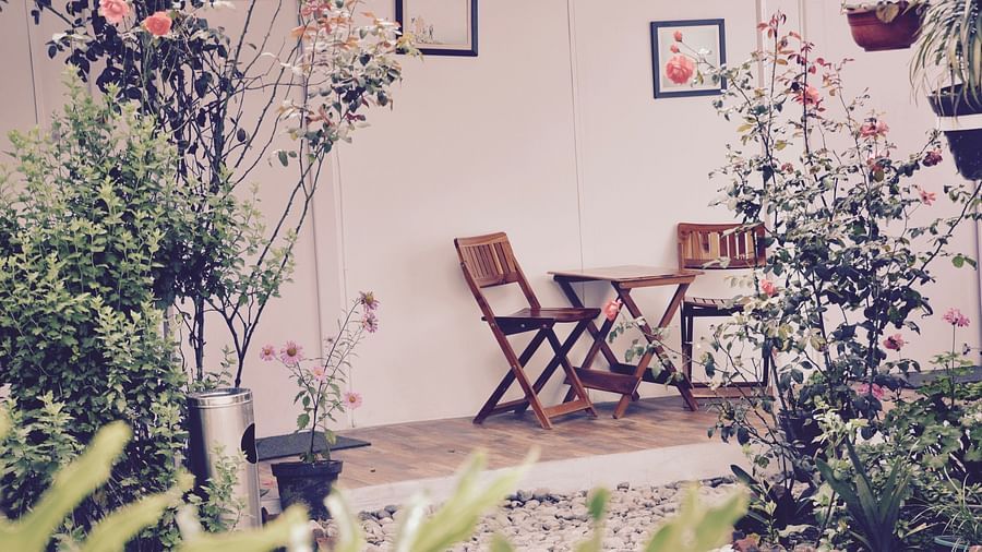 image of the beautiful outdoor porch of the deluxe room with a lot of floral plants with wooden folding chairs - The Tattva Boutique Resort