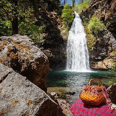 a picnic basket laying on the ground beside a waterfall