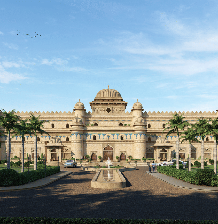 Evolve Back Mandu resort exterior, Indo-Islamic sandstone architecture with arched doorways and palm-lined driveway