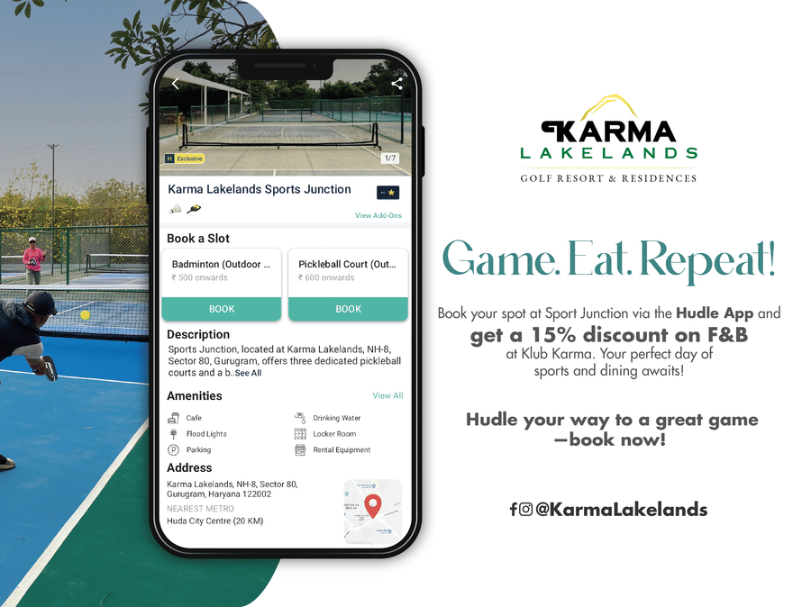 Hudle App Promotion banner showing the perks of having the app - Karma Lakelands.