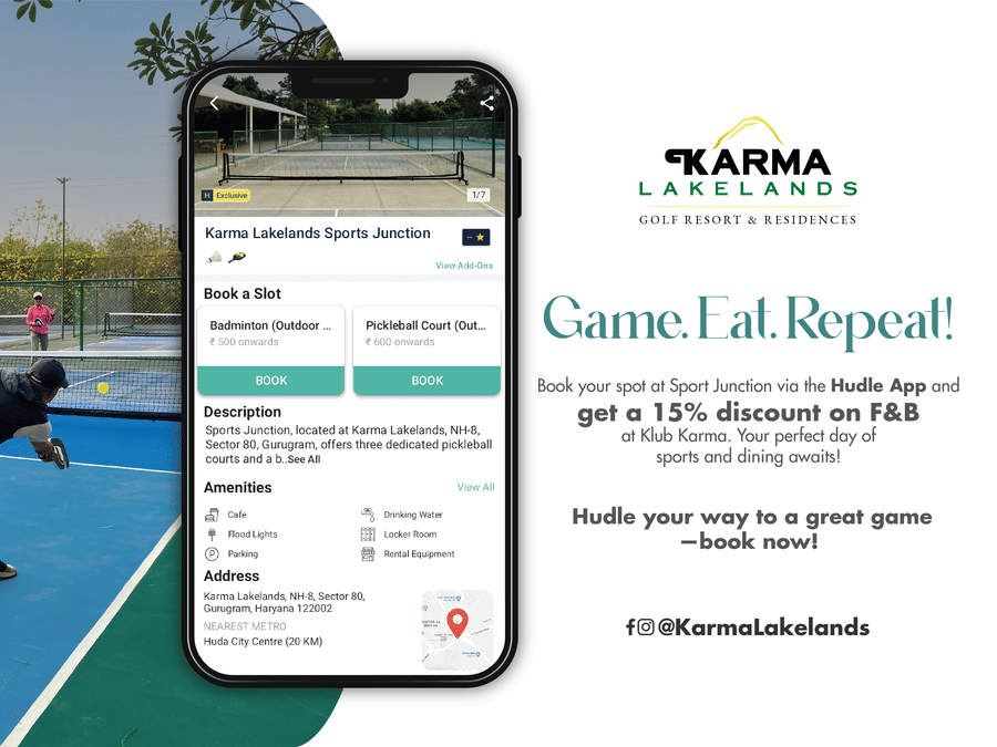 Hudle App Promotion banner showing the perks of having the app - Karma Lakelands.