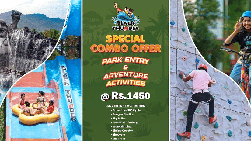 Promotional advertisement for Black Thunder theme park showcasing adventure activities including water slides, raft rides, zip cycle, wall climbing, and a special combo offer.