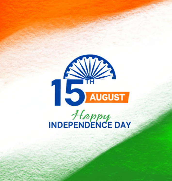 A banner for Indias Independence Day with a tricolor background. The text 15th AUGUST and Happy Independence Day are centered.