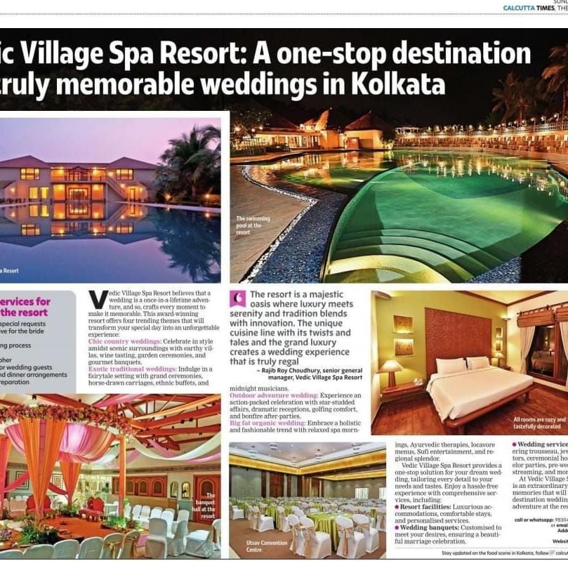 A newspaper clipping featuring Vedic Village Spa Resort  in a wedding coverage in Times of India.