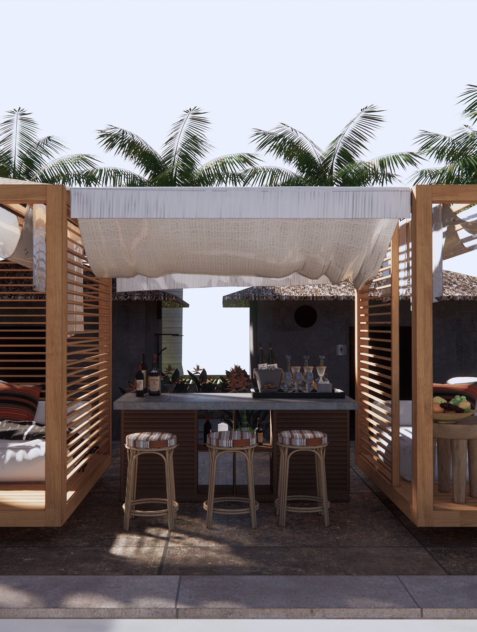 Two cabanas with seating areas and a central bar area, surrounded by palm trees - Rhino and River BluSalzz Collection, Pobitora