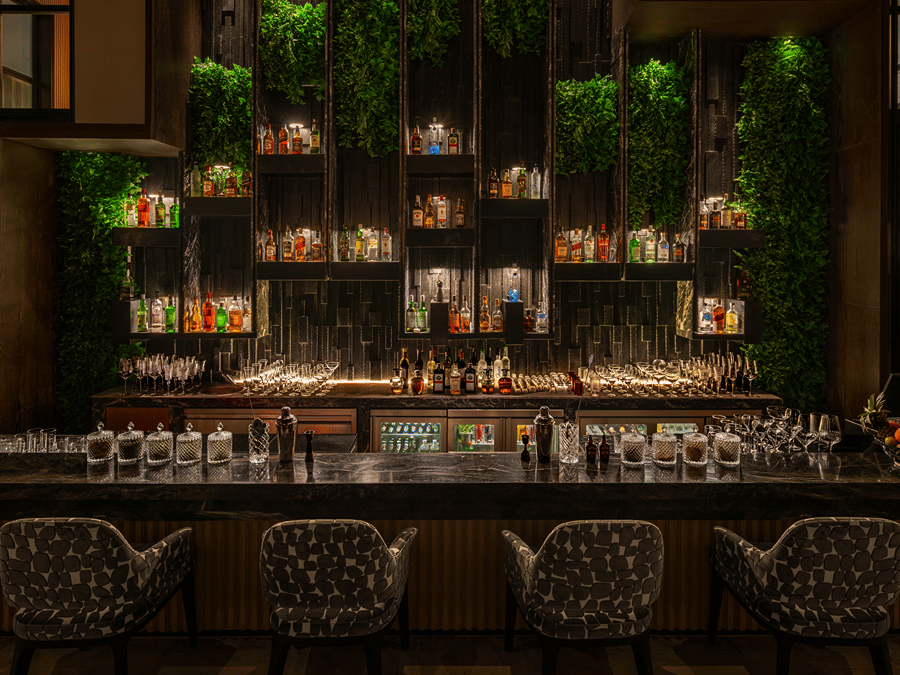 Eden bar with a well stocked shelf and hanging greenery above the counter at The Residency Signature Madurai.