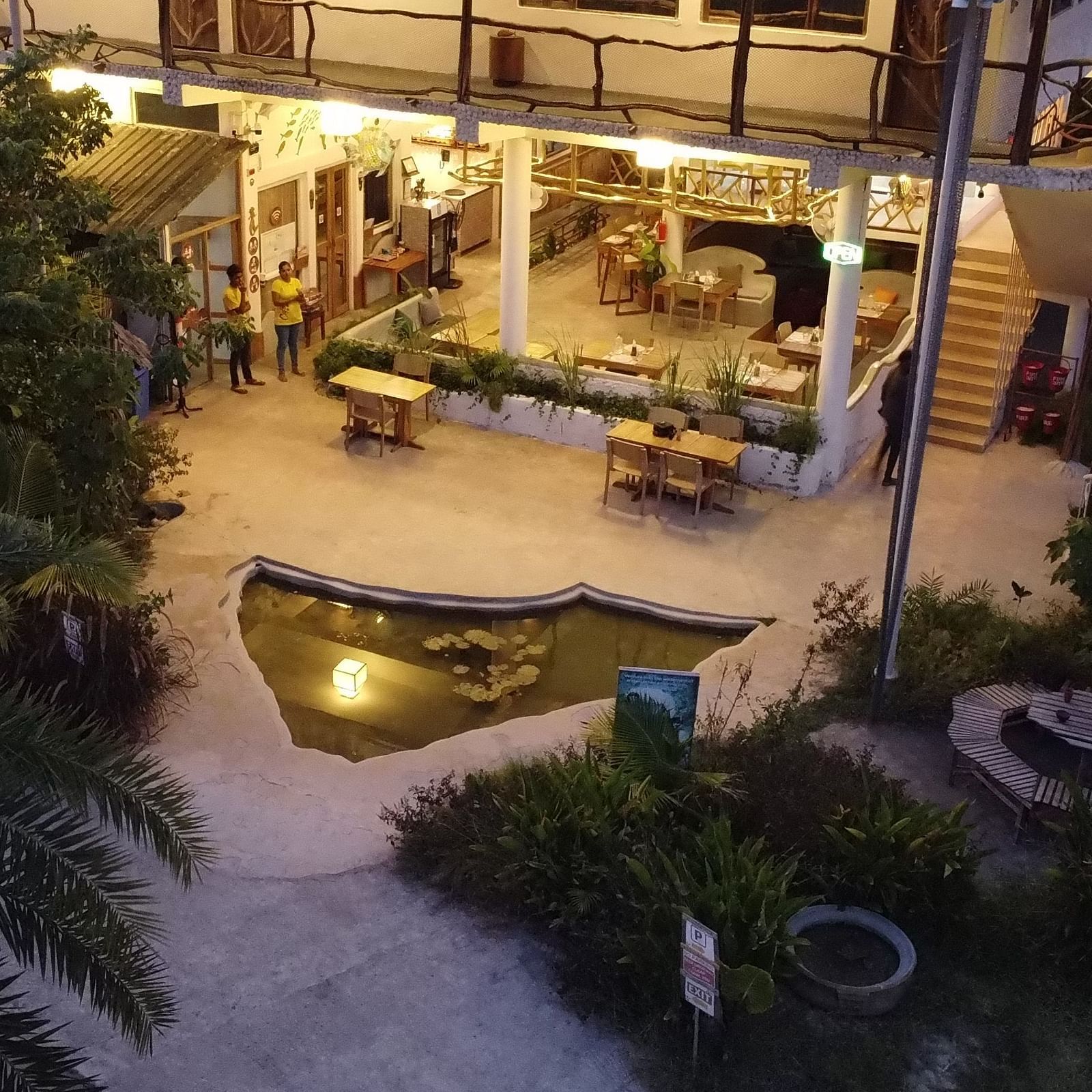 Overhead view of outdoor area of Matsya Island Retreat with a pond at twilight, surrounded by lush greenery