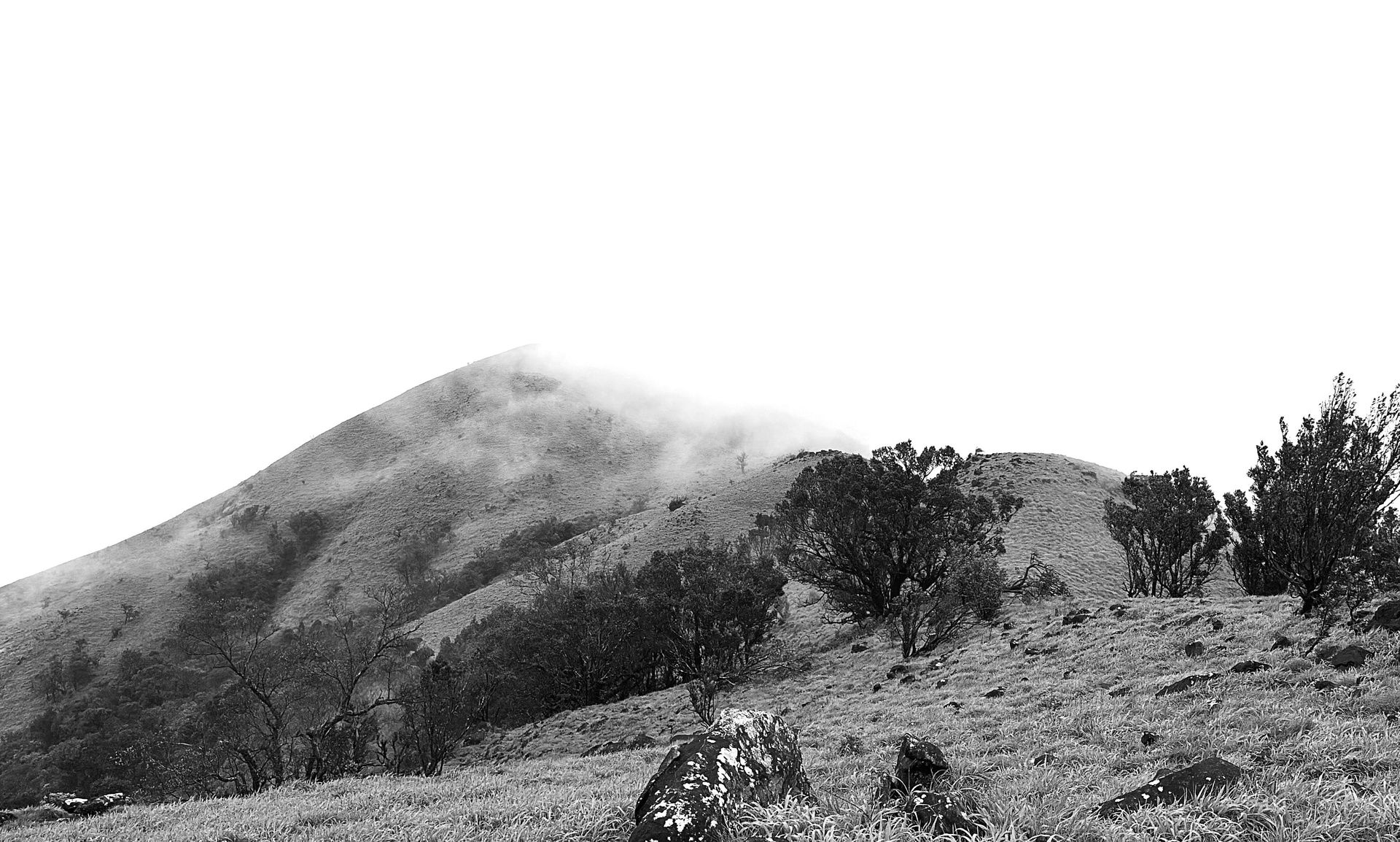 Black and white photo of misty mountains.