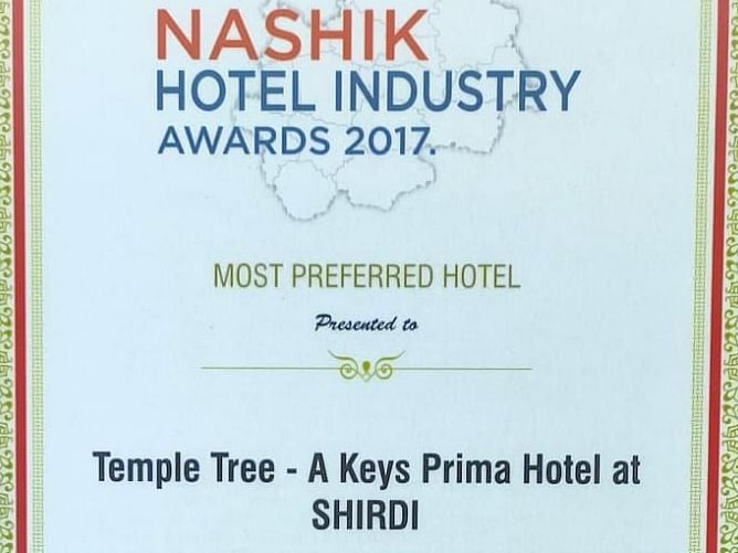 hotels in shirdi, 4 star hotel in shirdi, hotel temple tree shirdi, luxury hotel in shirdiyju2017 Award - 3 Most Preferred Hotel