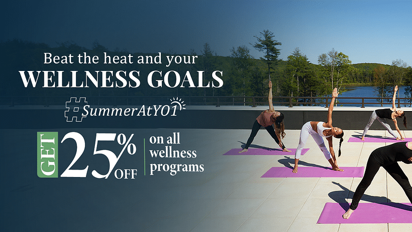 Summer banner showing Group of people practicing yoga on a rooftop with scenic views at YO1 Longevity and Health Resort, Catskills, New York.