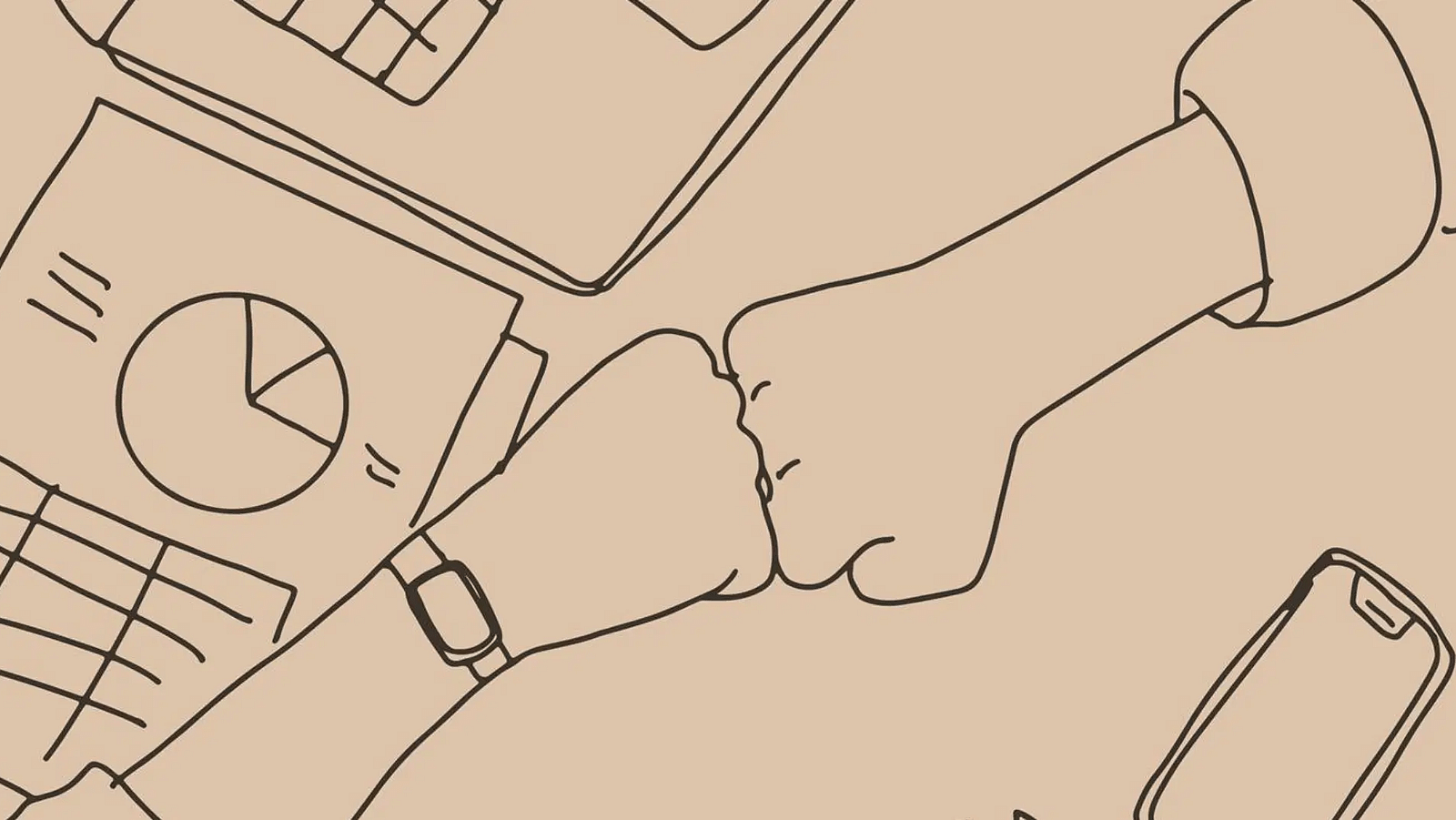 An illustration of two people bumping their fists over a cluttered table.