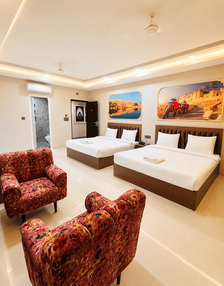 Wide view of the Jal Mahal Family Suite with 2 double beds and 2 facing armchairs at Lime Tree Hotel & Banquet, Jaipur