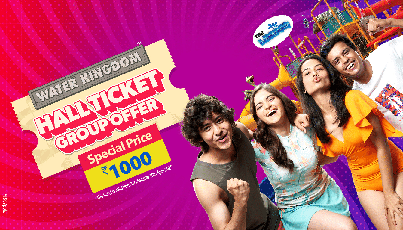 Group hall ticket offer creative featuring a group of friends posing and a dry ride in the background.