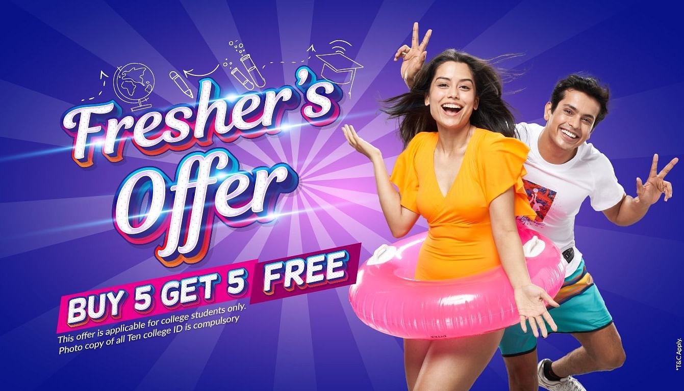 Cheerful young man and woman enjoying at Water Kingdom, promoting Fresher’s Offer – Buy 5 Get 5 Free.