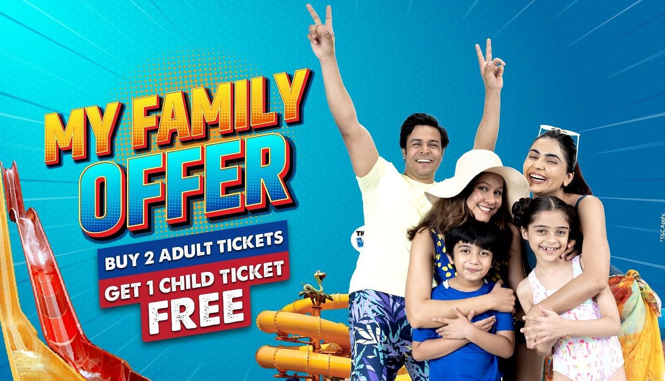 A cheerful family posing together at a water park with colourful slides in the background, promoting the 'My Family Offer – Buy 2 Adult Tickets, Get 1 Child Ticket Free at Water Kingdom.