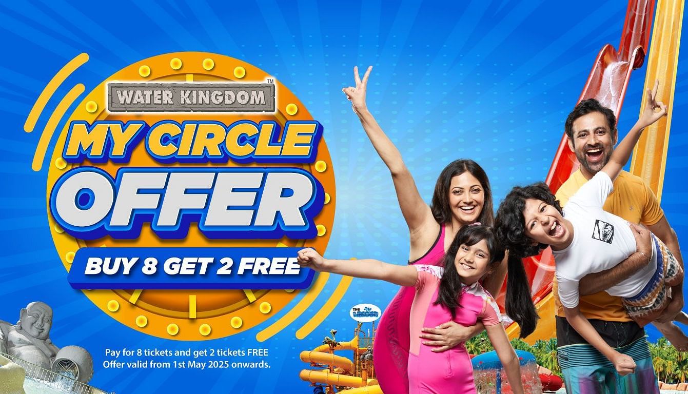 Happy group enjoying a water park with a promotional offer banner in the background