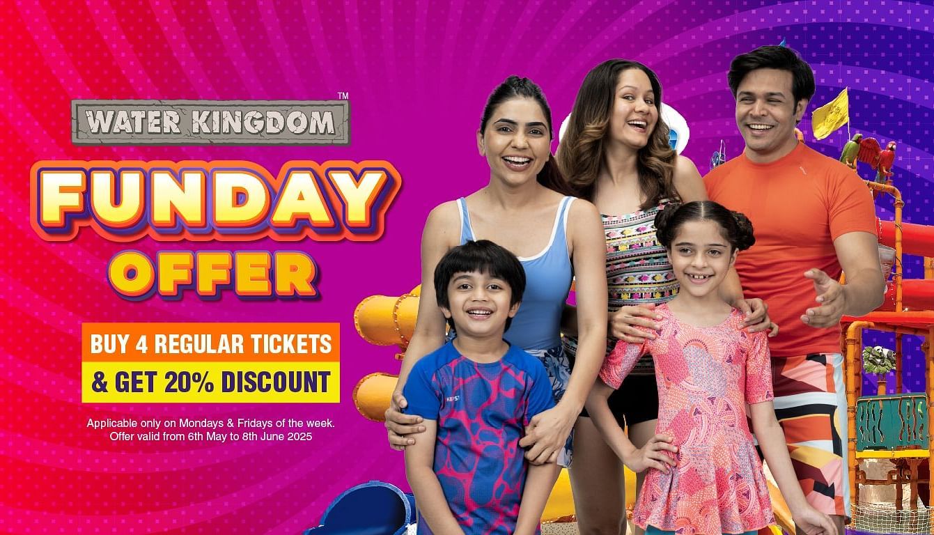 A vibrant advertisement for a Funday Offer at Water Kingdom. It features a family of five including two children looking excited. Text reads BUY 4 REGULAR TICKETS GET 20 DISCOUNT applicable only on Mondays Fridays from May 6th to June 8th 2025.