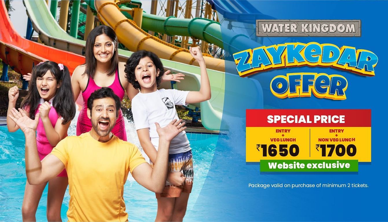 Zaykedar Offer banner at Water Kingdom featuring a happy family cheering up