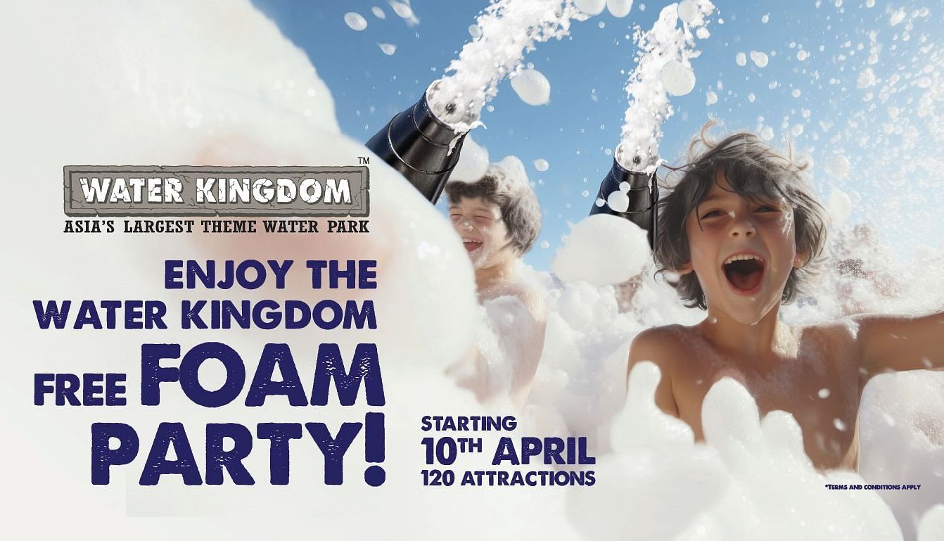 Foam Party creative at Water Kingdom showing kids playing with foam toys, highlighting 120 attractions and announcing the fun begins from 10th April