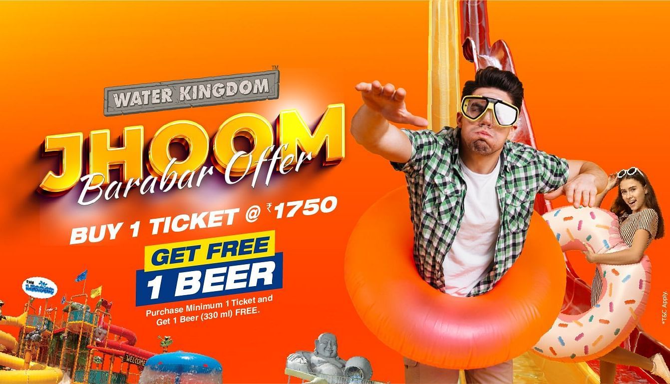 A man and woman enjoying a water park ride with tubes; promotional banner for Water Kingdom’s Jhoom barabar Offer: Buy 1 ticket at ?1750 and get 1 free beer.