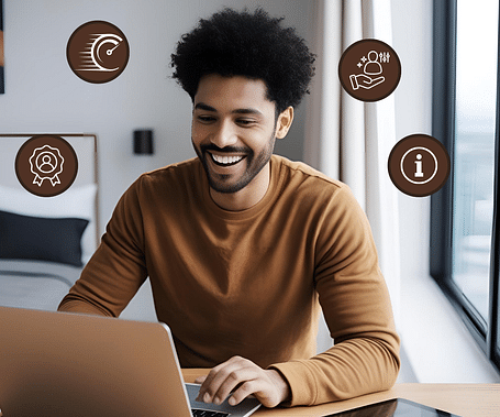 Smiling hotel manager at a laptop, reviewing booking engine dashboard to optimize online bookings, improve conversion rates, and streamline operations