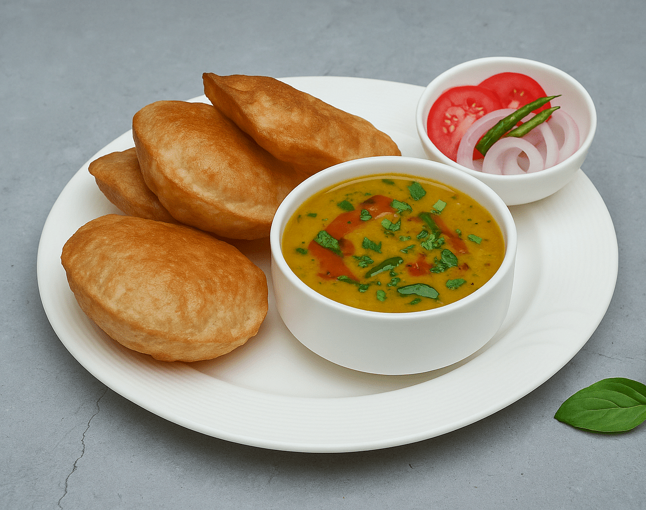 Plate of kachori with mixed vegetable curry and sliced onions at Tisya Farms, Gurgaon.