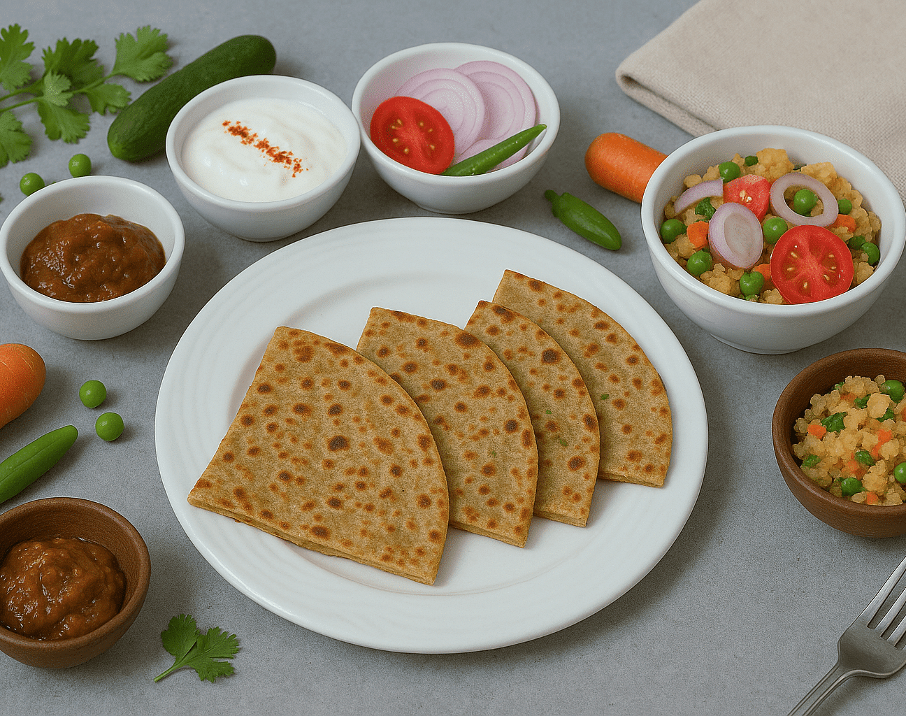 Full meal of paratha with salad, curd, chutneys, and vegetables at Tisya Farms, Gurgaon.