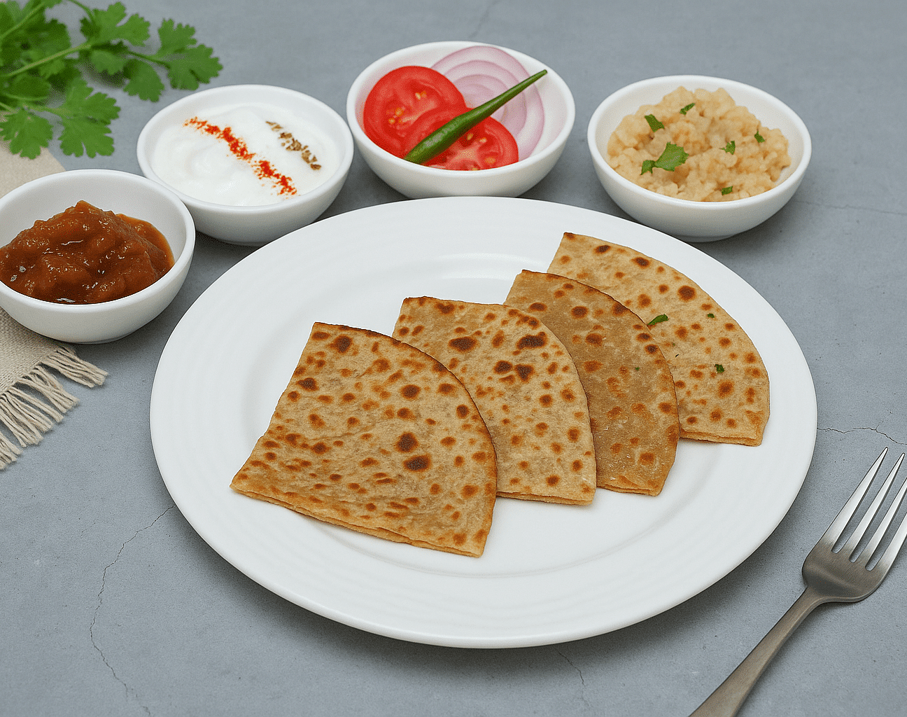 Parathas served with chutney, pickle, and salad on a white plate at Tisya Farms, Gurgaon.
