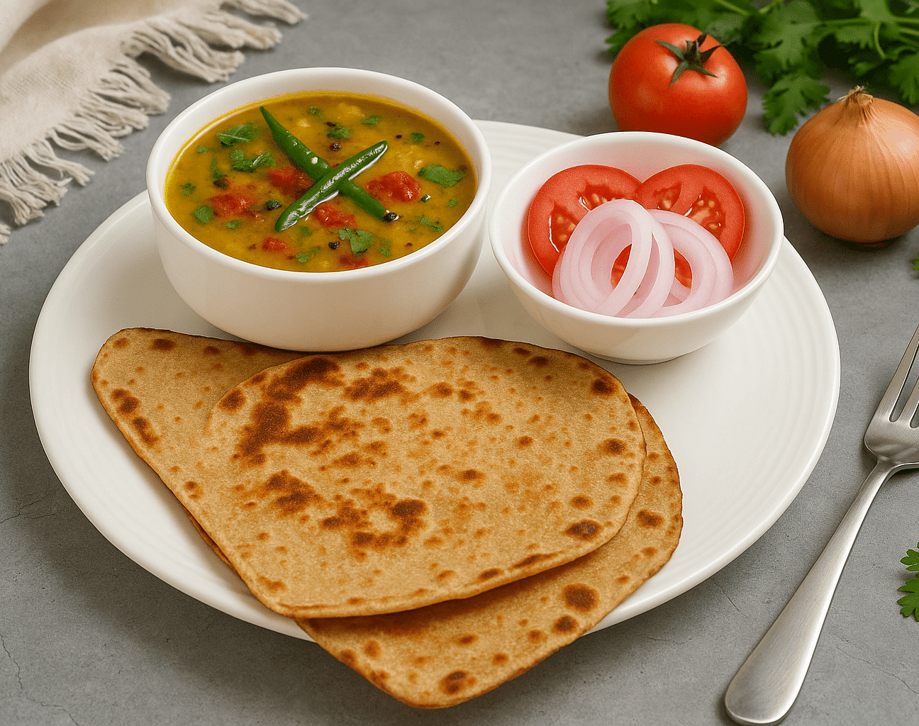 Dal with chapati, sliced onions, tomato, and green garnish served at Tisya Farms, Gurgao