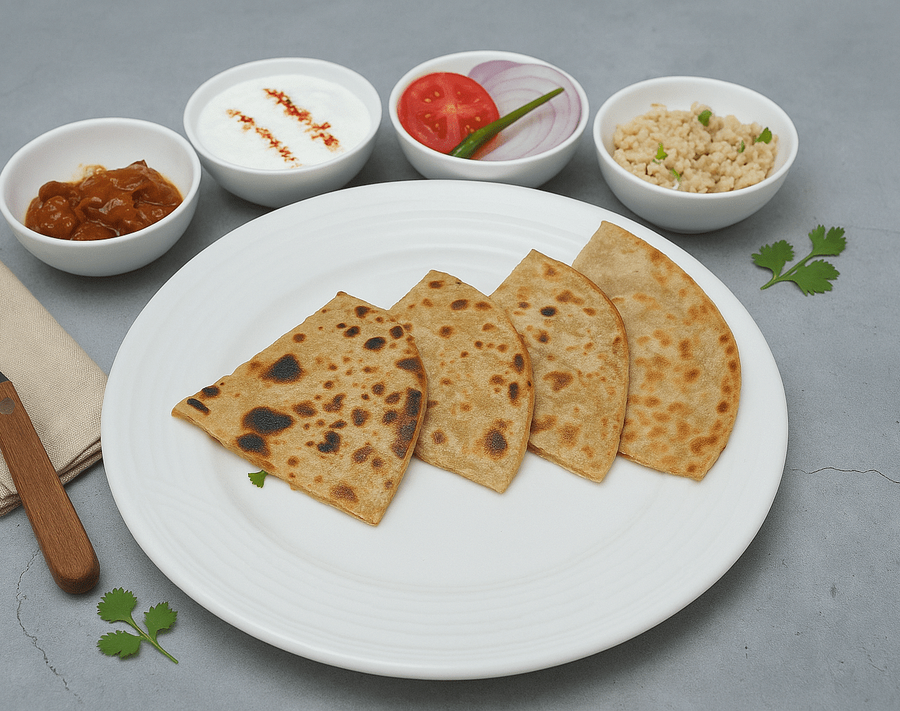 Parathas served with curd, pickle, chutney, and salad on a white plate at Tisya Farms, Gurgaon.